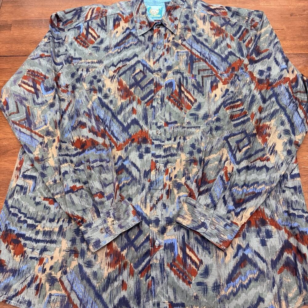 Vtg Bear Creek Outfitters Long Sleeve Button Up Aztec AOP Made in USA Men's 2XLT